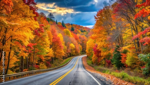 Highway road surrounded by vibrant autumn foliage , autumn, road, highway, colorful, fall, leaves, trees, season, travel, nature