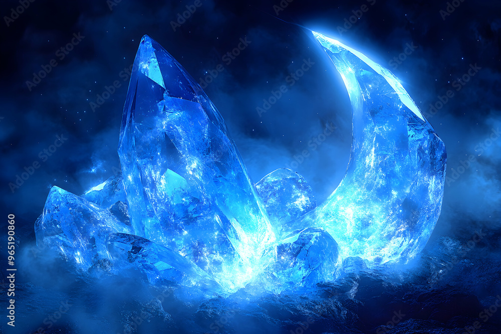 Obraz premium Glowing blue crystal formations resembling a crescent moon.
