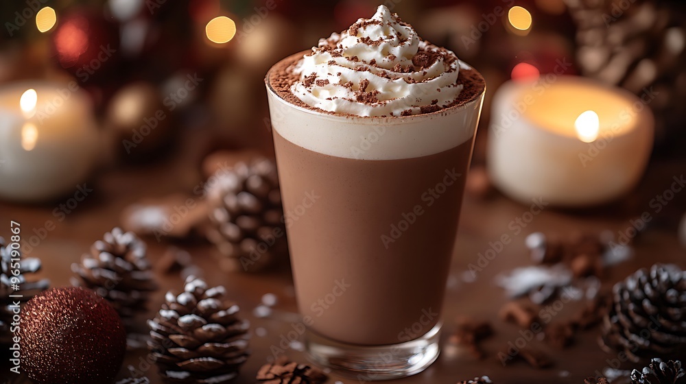 A beautifully garnished glass of Bombardino with whipped cream and cocoa, sitting on a festive table surrounded by Christmas decorations and candles. Soft light adds warmth to the scene, A beautifully garnished glass of Bombardino with whipped cream and cocoa, sitting on a festive table surrounded by Christmas decorations and candles. Soft light adds warmth to the scene,