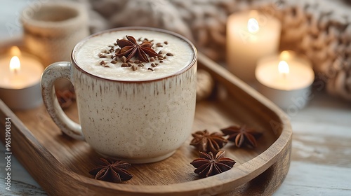 A beautifully garnished ceramic mug of anijsmelk, with anise seeds on top, placed on a wooden tray with candles and a wool blanket in the background. The warm,