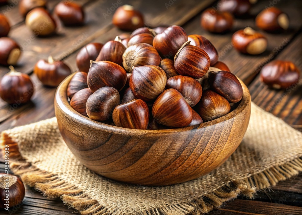 Rustic chestnut kernel rests in wooden bowl, its nutty texture unfolding in sharp focus, with blurred surroundings deepening the sense of intimacy. Rustic chestnut kernel rests in wooden bowl, its nutty texture unfolding in sharp focus, with blurred surroundings deepening the sense of intimacy.