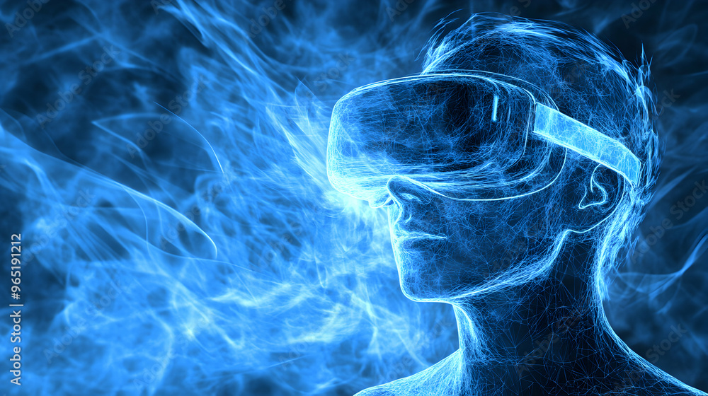 Abstract image of a person wearing VR headset, blue digital particles and smoke-like background. Abstract image of a person wearing VR headset, blue digital particles and smoke-like background.