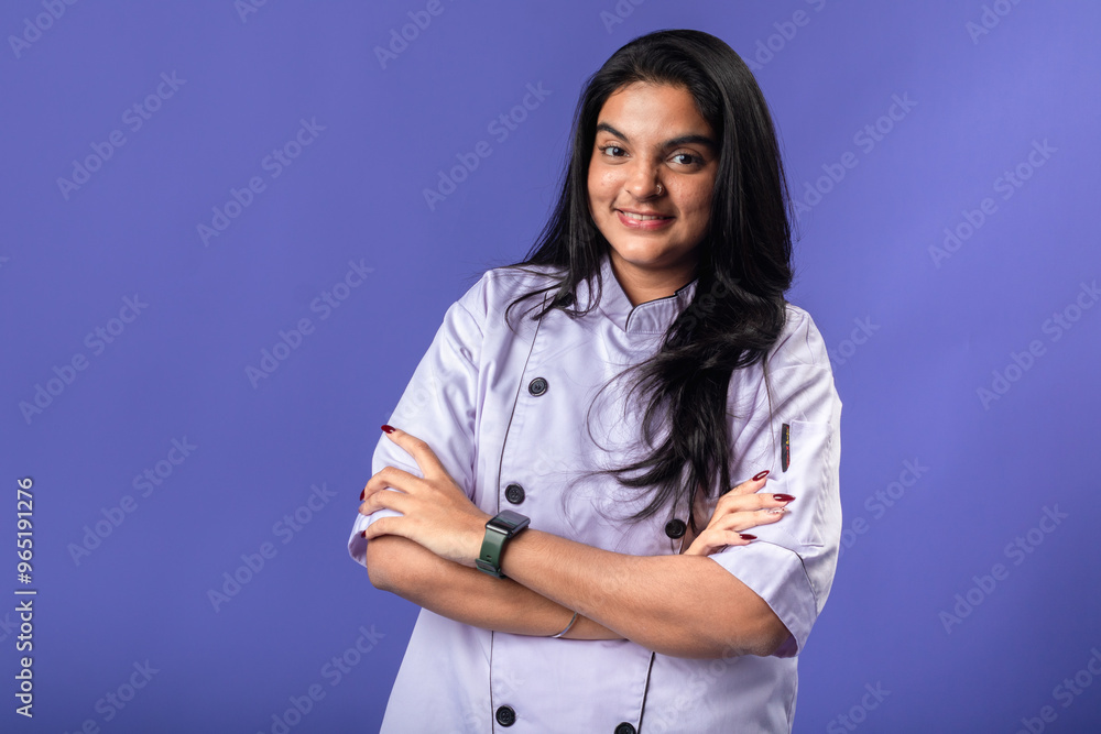 A young Indian woman wearing a light purple chef coat stands confidently with arms crossed, smiling against a solid purple background, portraying a professional chef ready for culinary work. A young Indian woman wearing a light purple chef coat stands confidently with arms crossed, smiling against a solid purple background, portraying a professional chef ready for culinary work.