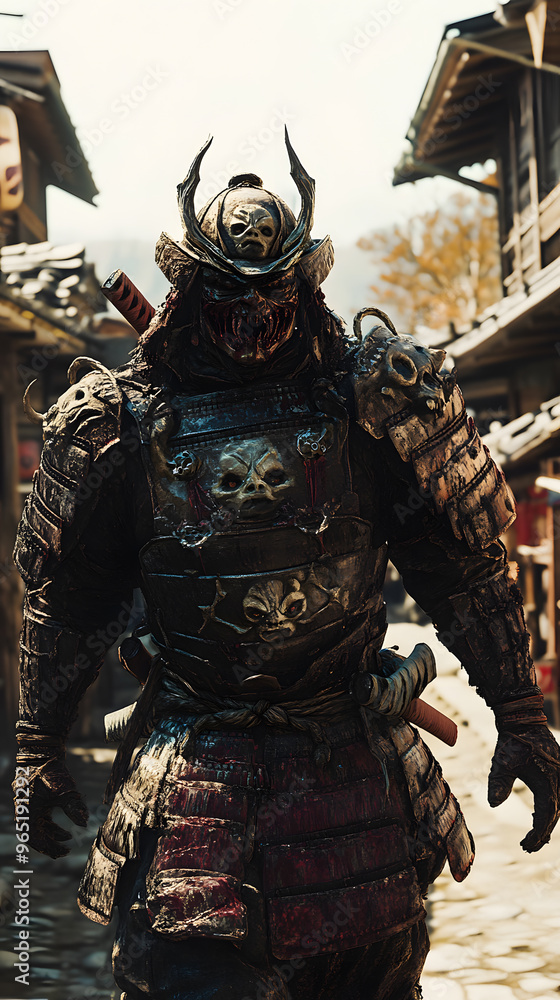 A samurai wearing menacing armor made from oni material, with a helmet, walking through an Edo period town during bright daylight A samurai wearing menacing armor made from oni material, with a helmet, walking through an Edo period town during bright daylight