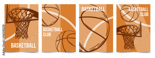 Basketball sport background set. Design cards with balls, basketball hoop and text for basketball tournament announcement, sport flyers, banners, web and print. Sport, team play concept.