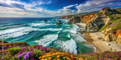 Sandy shores meet rugged cliffs and turquoise waves at this iconic California shoreline, where wildflowers sway and dramatic rock formations reign supreme. photo