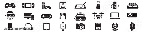 gadgets icon set. Game, gaming, VR, 3D printer, drone, tablet, smartphone, laptop, smartwatch mouse and headphones. Editable stroke icons collection vector illustration.