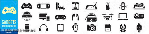 gadgets icon set. Game, gaming, VR, 3D printer, drone, tablet, smartphone, laptop, smartwatch mouse and headphones. Editable stroke icons collection vector illustration.