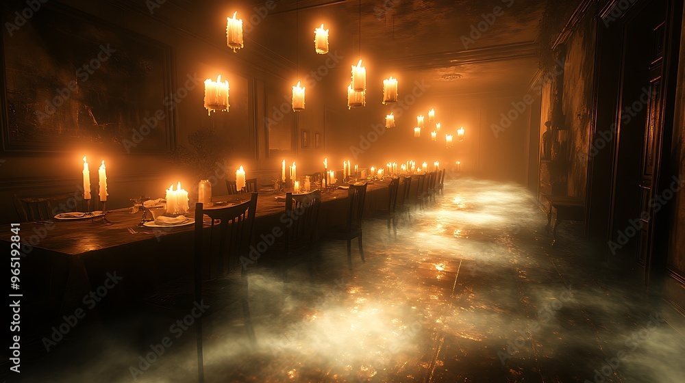 A dark, eerie room with floating candles suspended in mid-air, flickering softly, casting warm light and shadows across the space. A dark, eerie room with floating candles suspended in mid-air, flickering softly, casting warm light and shadows across the space.