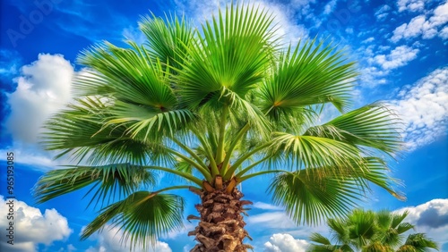 Softly curved fronds of an Alexander palm tree stretch upward, a lush green silhouette against a brilliant blue photo