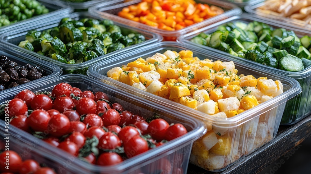 Fresh produce neatly arranged in containers. This photo showcases a selection of fresh vegetables, perfect for use in culinary or healthy lifestyle content. Fresh produce neatly arranged in containers. This photo showcases a selection of fresh vegetables, perfect for use in culinary or healthy lifestyle content.