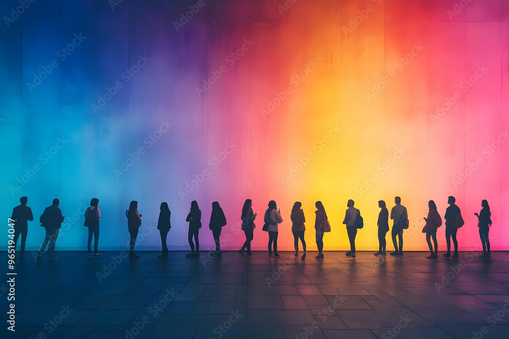 Silhouettes of People Standing in Line in Front of a Colorful Wall Photo Silhouettes of People Standing in Line in Front of a Colorful Wall Photo