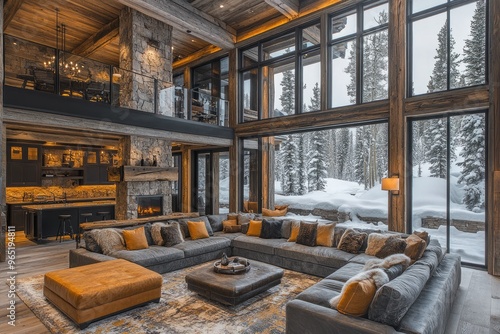 Large sectional sofa in a luxury cabin. A comfortable and stylish living room for a snowy mountain retreat.