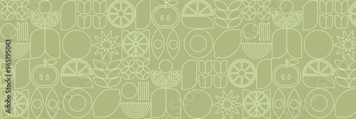 Bauhaus vegetable abstract. Geometric line drawing. Vegetables and fruits seamless pattern bauhaus. Natural flower plant with simple shape, abstract eco farming concept. Vector minimal banner