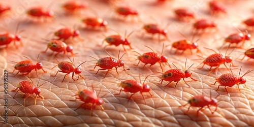 Tiny red chiggers crawl across human skin, inducing maddening itching and discomfort as they feast on warm blood. photo