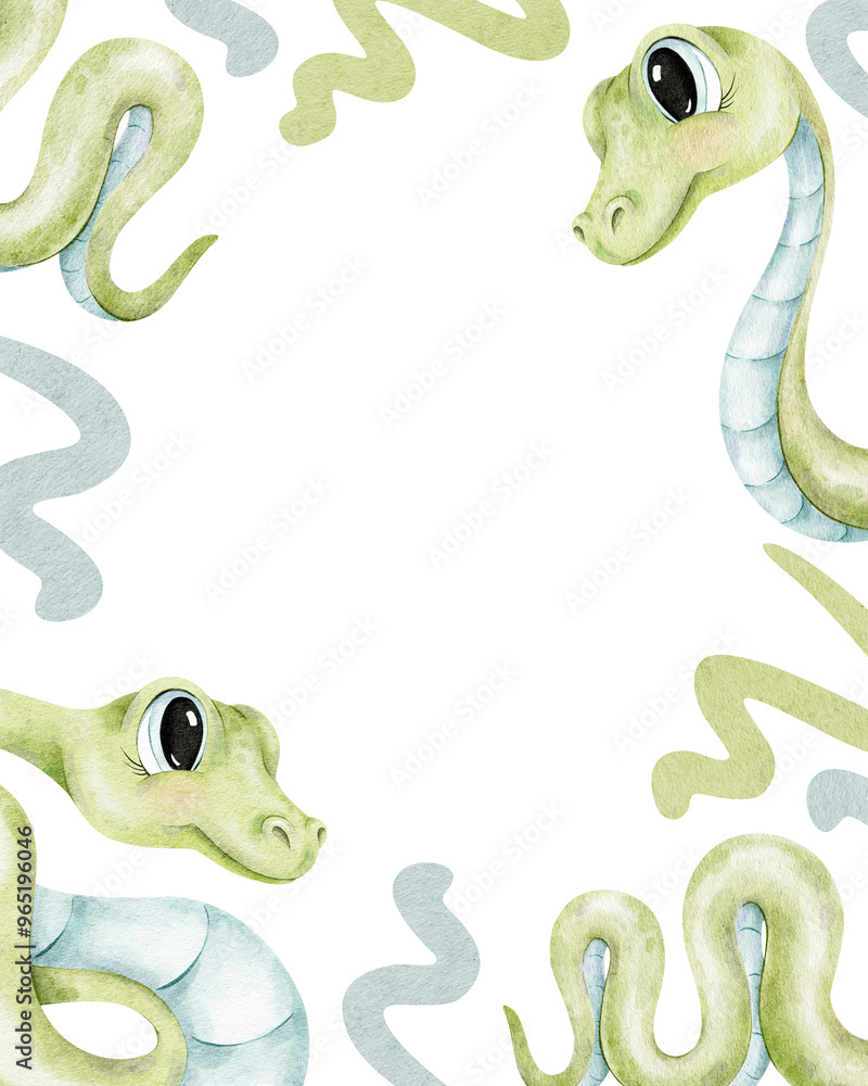 Obraz premium Frame of baby green snakes. Hand drawn watercolor illustrations. Template of little cute serpents. Isolated Layout for kid's postcards, poster, baby shower and children's room