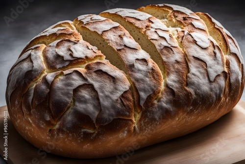 A crusty loaf of irish soda bread with visible raisins and a cross cut into the top, Ai Generated photo