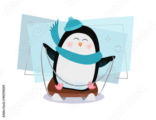 Cheerful cartoon penguin in scarf and hat sledging and having fun. Winter activity concept. Vector illustration can be used for topics like holiday, Christmas vacation, leisure