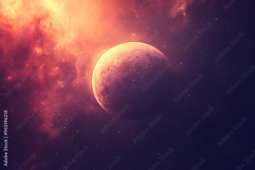 Celestial Tapestry Illustration: Crimson Planet amidst Cosmic Clouds and Starry Expanse Celestial Tapestry Illustration: Crimson Planet amidst Cosmic Clouds and Starry Expanse