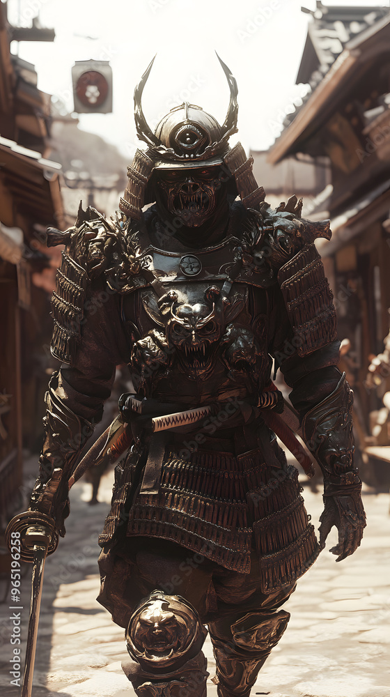 Fototapeta premium A samurai wearing menacing armor made from oni material, with a helmet, walking through an Edo period town during bright daylight