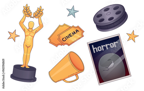 Oscar award icon. Hollywood cinema tv vector set. Reel videotape for movie premiere for gold statue trophy isolated object collection. Horror poster with ticket to theater. Filmmaking and production