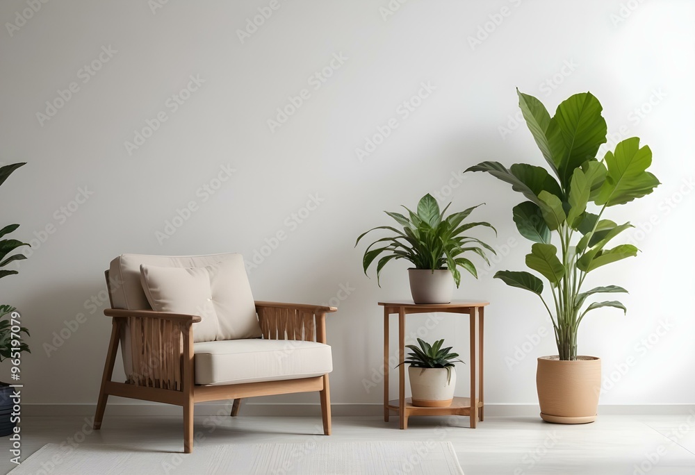 A modern living room with a beige armchair, a wooden side table with potted plants, and a large plant against a white wall in the background. A modern living room with a beige armchair, a wooden side table with potted plants, and a large plant against a white wall in the background.
