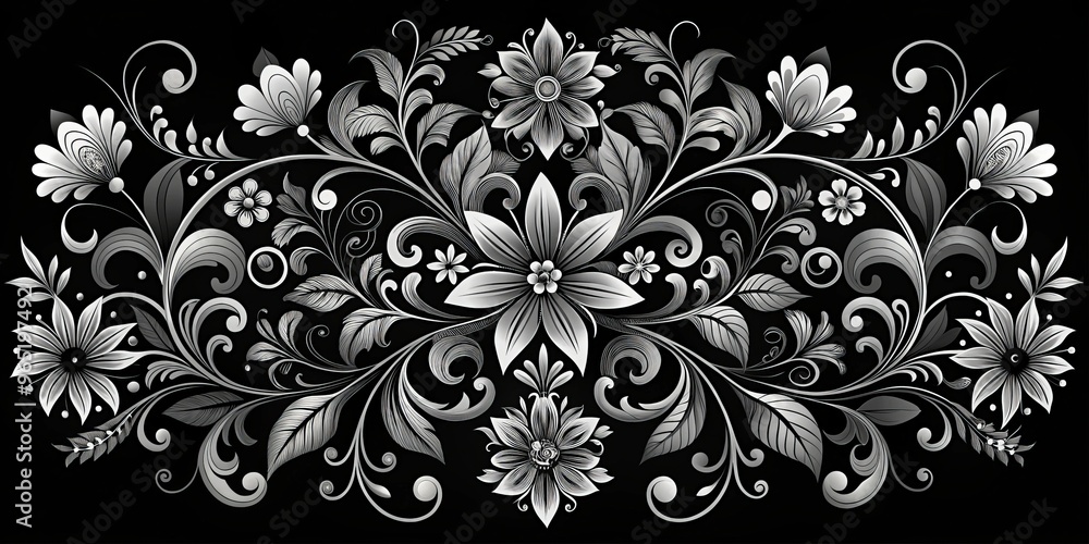 Elegant Silver Floral Design on Black Background, floral, design, black and white Elegant Silver Floral Design on Black Background, floral, design, black and white
