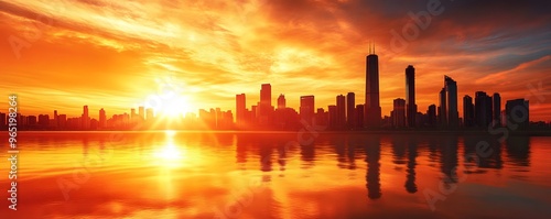 City Skyline Silhouetted Against a Fiery Sunset