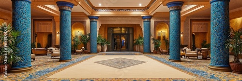 Casablanca themed lobby with blue mosaic columns and sand carpet.