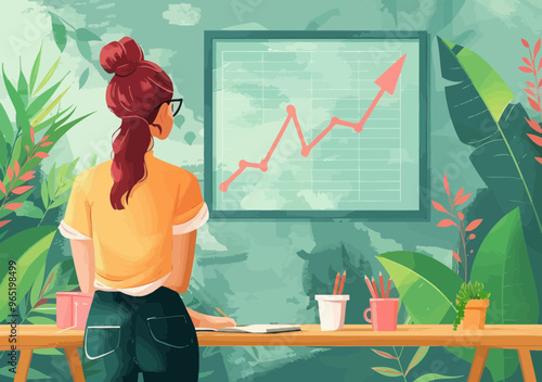 Female Teacher Analyzing Rising Business Graph in Modern Classroom, Team Collaboration, Daytime, Professional Growth and Success Concept, Vector Illustration