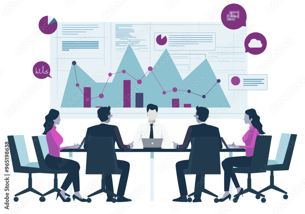 Team Leader Presenting Business Plan and Growth Strategy with Illustrated Charts and Rising Arrow in Business Meeting Room - Minimalistic Vector Illustration Team Leader Presenting Business Plan and Growth Strategy with Illustrated Charts and Rising Arrow in Business Meeting Room - Minimalistic Vector Illustration