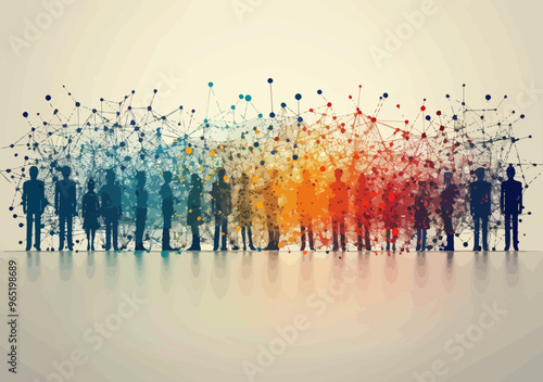 Abstract Vector Illustration of Teamwork and Network Concept with Silhouettes of People Connected by Complex Web Lines Representing Collaboration and Connectivity, Gradient Colors, Minimalistic Design