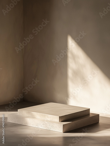 Concrete display podium against beige wall background. Product presentation.