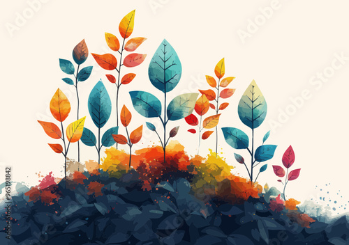 Colorful Growth and Teamwork Concept with Diverse Plants on Artistic Minimalistic Background - Business and Cooperation Illustration