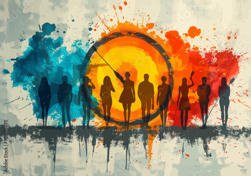 Diverse Team Working Towards Common Goal Abstract Minimalistic Vector Illustration with Vibrant Colors Silhouette People Collaborative Effort Concept photo