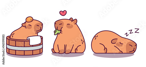Cute capibara character in different poses. Cartoon vector illustration set of funny brown furry animal bathing in wooden tube, eating greenery and loving it, lying and sleeping. Childish capybara.