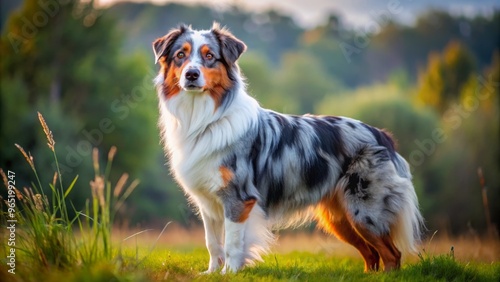 The Adult Australian Shepherd dog stands attentively in its natural surroundings, its characteristic coat and