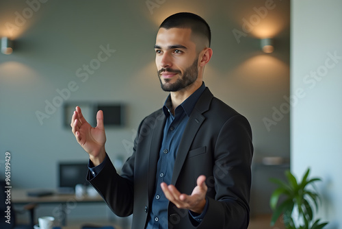 A young business man stands in the office and gestures with his hands