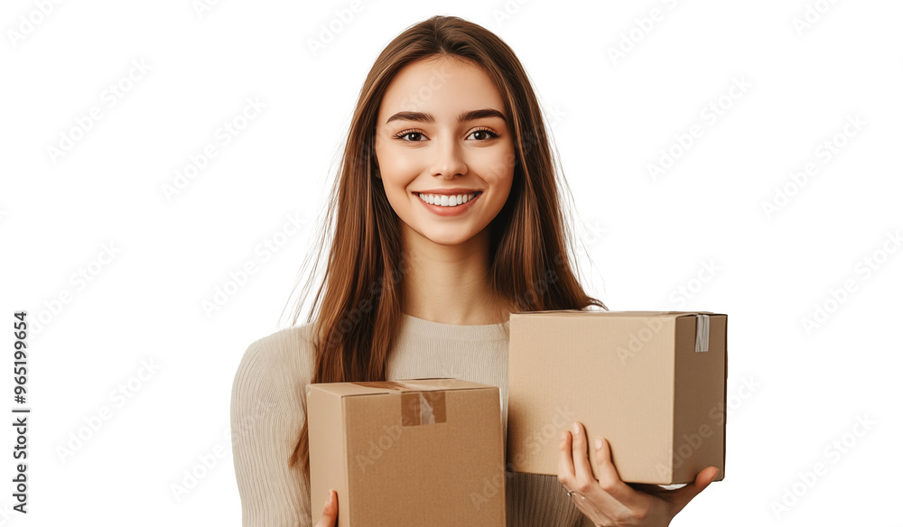 Cute young woman holding packages and smiling looking at the camera, isolated on a transparent background Cute young woman holding packages and smiling looking at the camera, isolated on a transparent background
