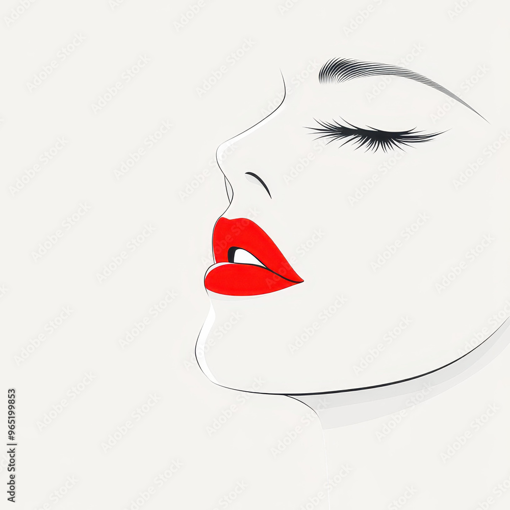 A stunning illustration of a woman with bold red lips, highlighting her beauty against a minimalist white background. A stunning illustration of a woman with bold red lips, highlighting her beauty against a minimalist white background.