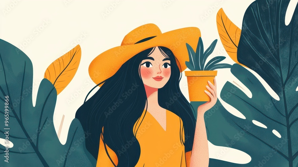 A chic woman dons a yellow hat, cradling a potted plant amidst vivid foliage, showcasing her love for nature. A chic woman dons a yellow hat, cradling a potted plant amidst vivid foliage, showcasing her love for nature.