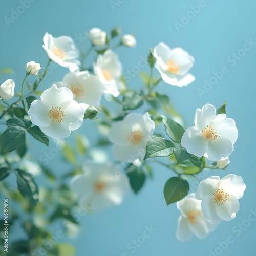 Delicate White Roses Floral Illustration on Sky Blue Background