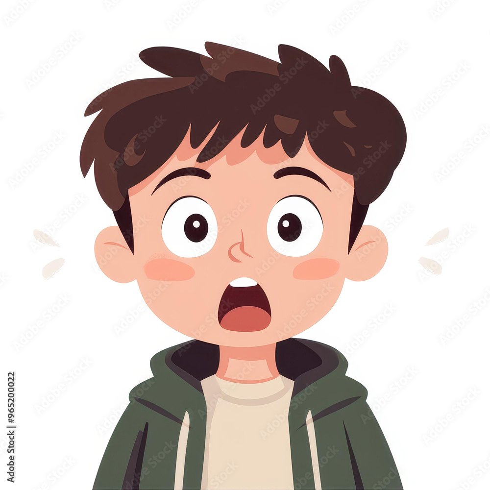 A cartoon boy with a wideeyed expression gazes at the camera, showcasing a vibrant modern flat illustration style. A cartoon boy with a wideeyed expression gazes at the camera, showcasing a vibrant modern flat illustration style.