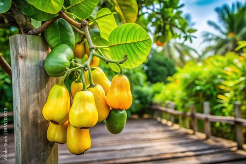 Vibrant green cashew nut plant with ripening yellow fruit and curved leaves grows on a rustic wooden trellis in a lush tropical garden setting.