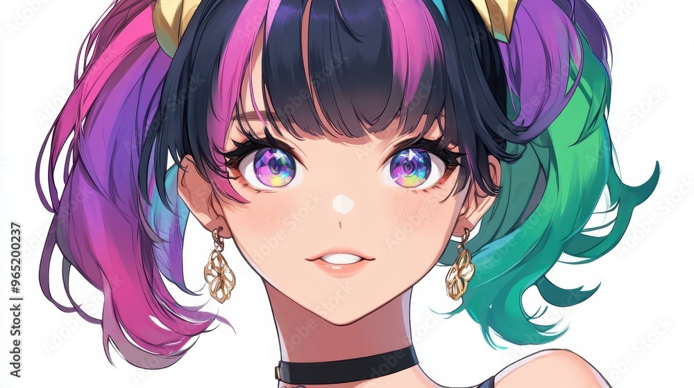 A stunning anime woman with vibrant black, purple, and multicolored hair, captivating with her beauty and style. A stunning anime woman with vibrant black, purple, and multicolored hair, captivating with her beauty and style.