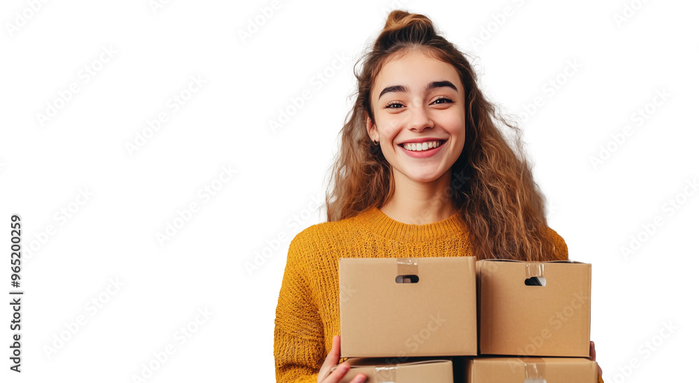 Cute young woman holding packages and smiling looking at the camera, isolated on a transparent background Cute young woman holding packages and smiling looking at the camera, isolated on a transparent background