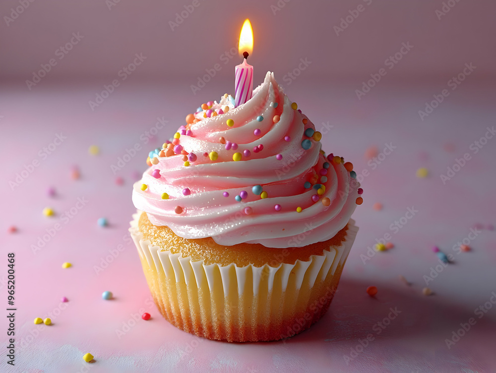Pink Birthday Cupcake with Lit Candle and Sprinkles - Illustration Pink Birthday Cupcake with Lit Candle and Sprinkles - Illustration