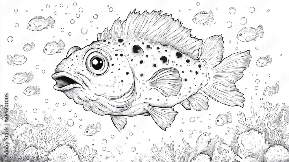 Stylized cartoon fish among small fish on a white background. Sketch for coloring. Stylized cartoon fish among small fish on a white background. Sketch for coloring.