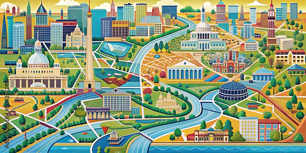 Obraz premium Vibrant illustration of the Washington D.C. metropolitan area, showcasing major roads, landmarks, and neighborhoods in a colorful, stylized, and easily readable cartographic representation.