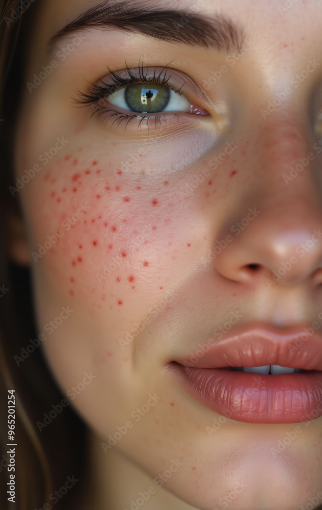Fototapeta premium Closeup portrait of a woman with acne on face, vertical orientation.